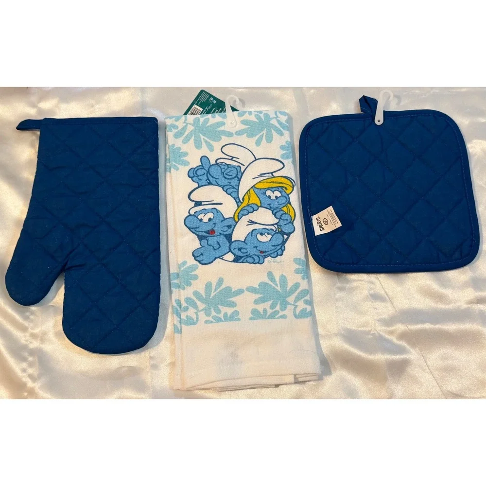 The Smurfs 3pc Kitchen Set NWT Oven Mitt Kitchen Towel Pot Holder Blue White